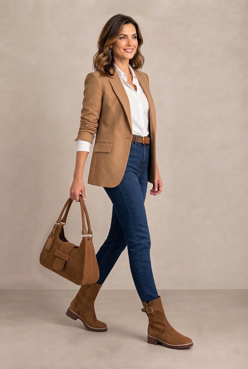 Women's cognac side-buckle ankle boots with round toe and chunky rubber lug sole - Top view